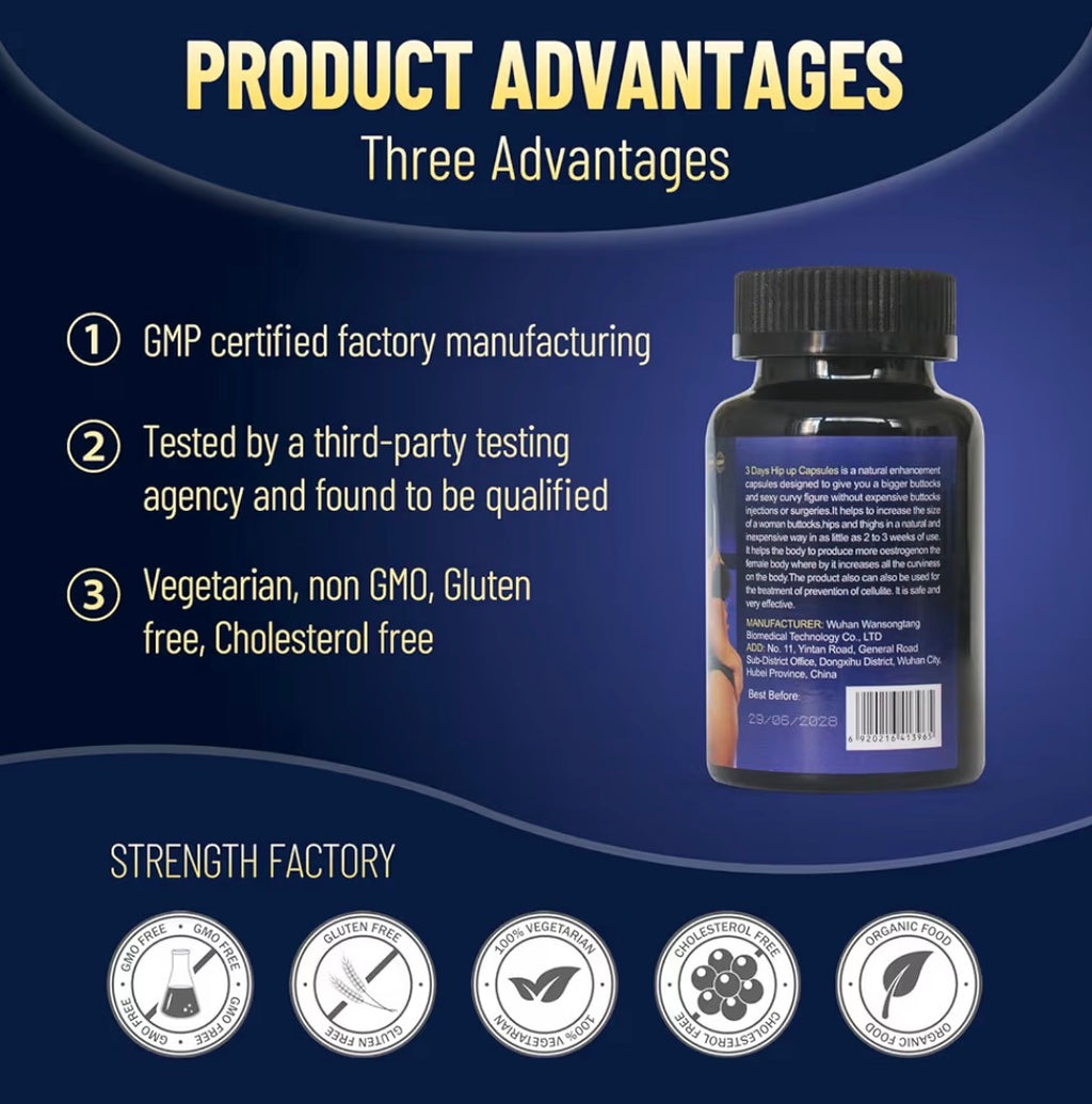 3 Days Hip & Big Butt Capsules, Natural Hip Up & Female Hoemone Enhenced Herbal Supplements, 60 Count