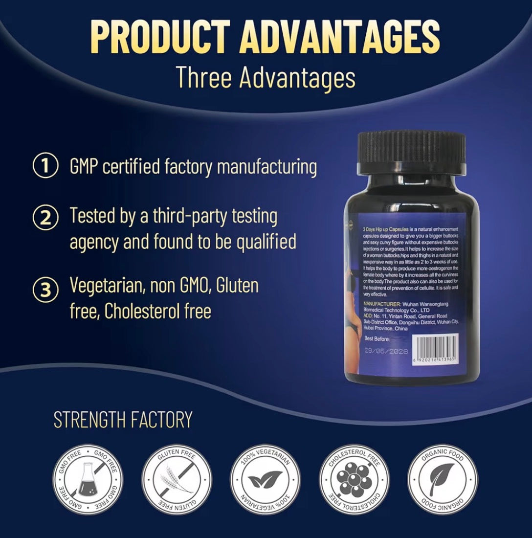 3 Days Hip & Big Butt Capsules, Natural Hip Up & Female Hoemone Enhenced Herbal Supplements, 60 Count