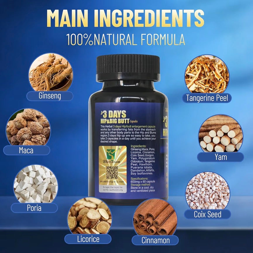 3 Days Hip & Big Butt Capsules, Natural Hip Up & Female Hoemone Enhenced Herbal Supplements, 60 Count